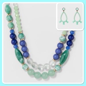 Beaded necklace green and blue with earring NWT